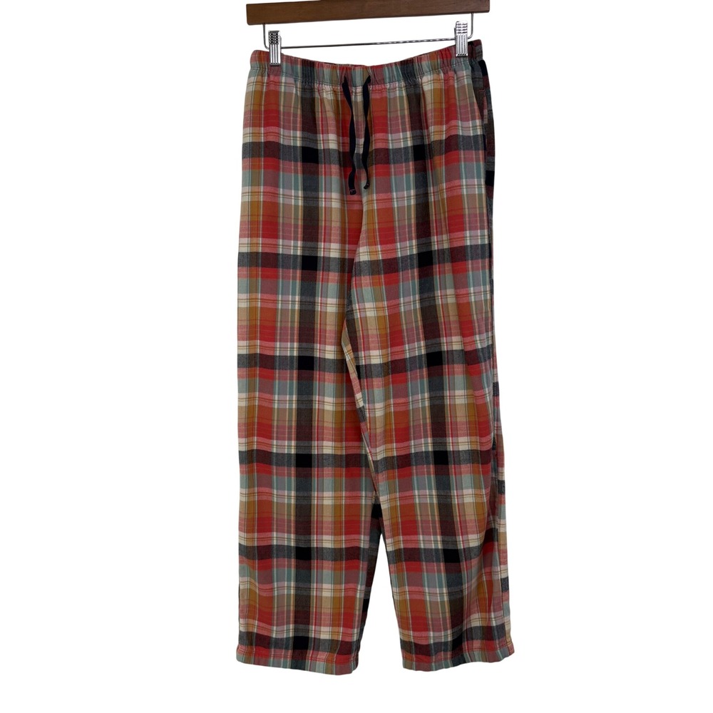 LL Bean Flannel Pajama Pants Womens Small Red Orange Plaid Cotton Cabincore Cozy
